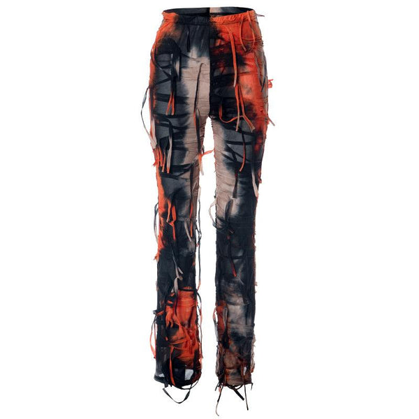 Tie dye textured tassels contrast high rise pant y2k 90s Revival Techno Fashion