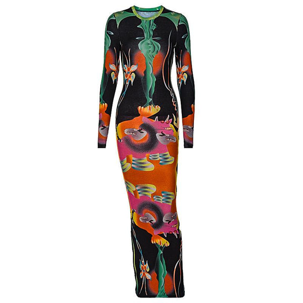 Long sleeve contrast abstract print round neck midi dress