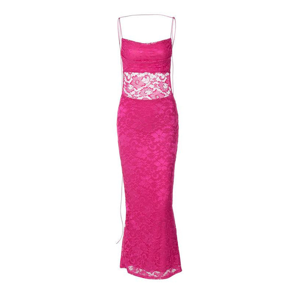 Lace solid square neck ruched spaghetti strap backless maxi dress