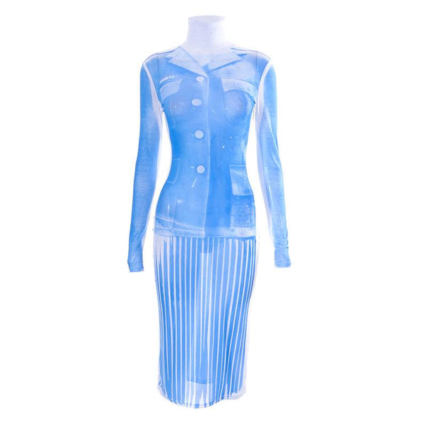 Sheer mesh see through turtle neck long sleeve contrast print midi dress y2k 90s Revival Techno Fashion