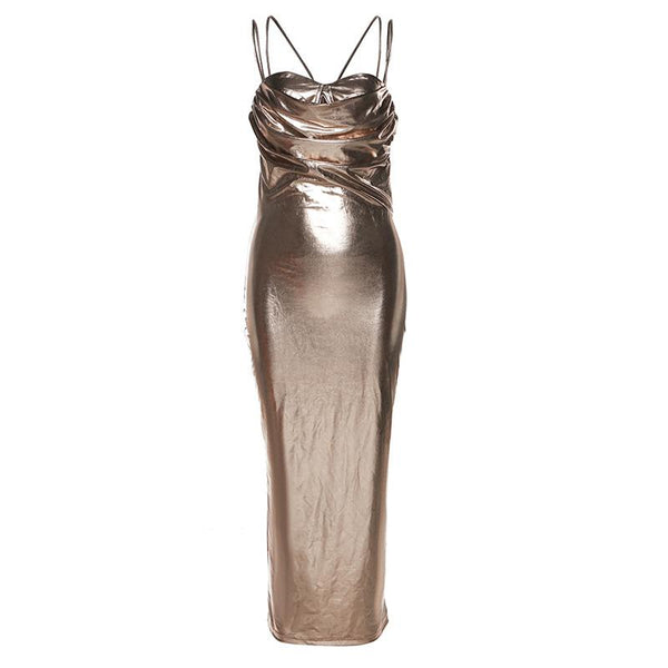 Metallic ruched backless patchwork solid midi dress