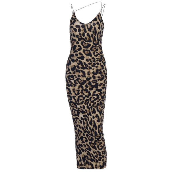 Leopard print contrast satin spaghetti strap u neck backless midi dress