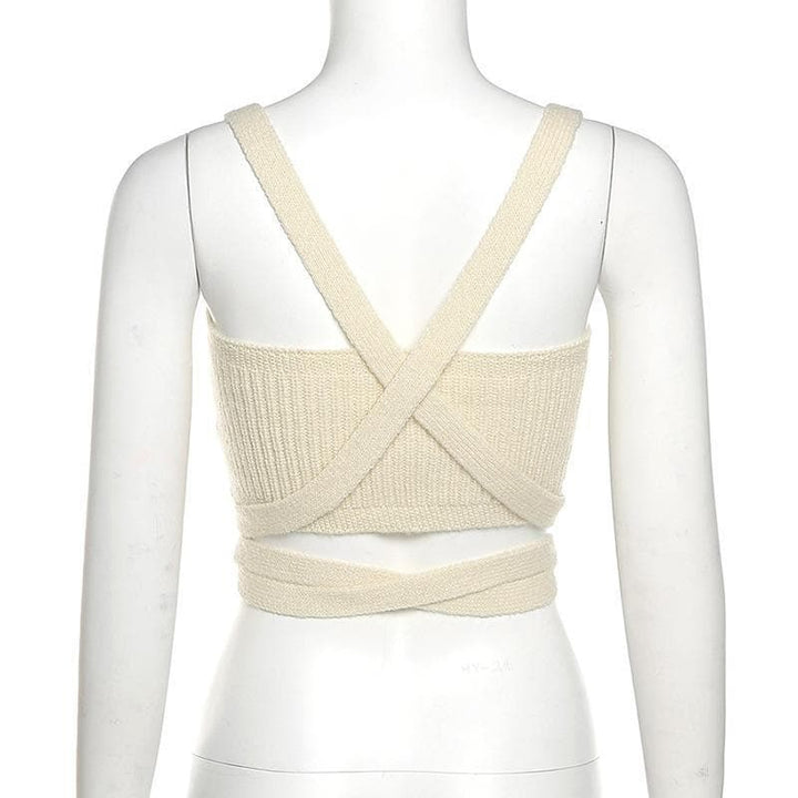 Tie Front Backless Knitted Cross Top - Halibuy