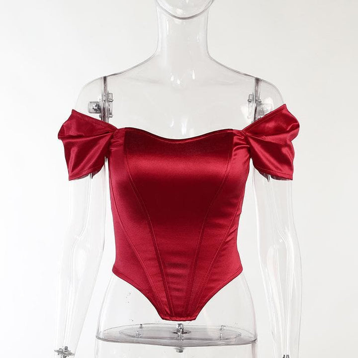 Puff short sleeve low-cut satin corset top - Halibuy