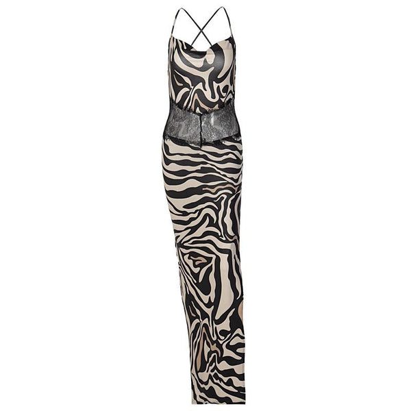 Zebra print hollow out contrast cross back slit backless maxi dress