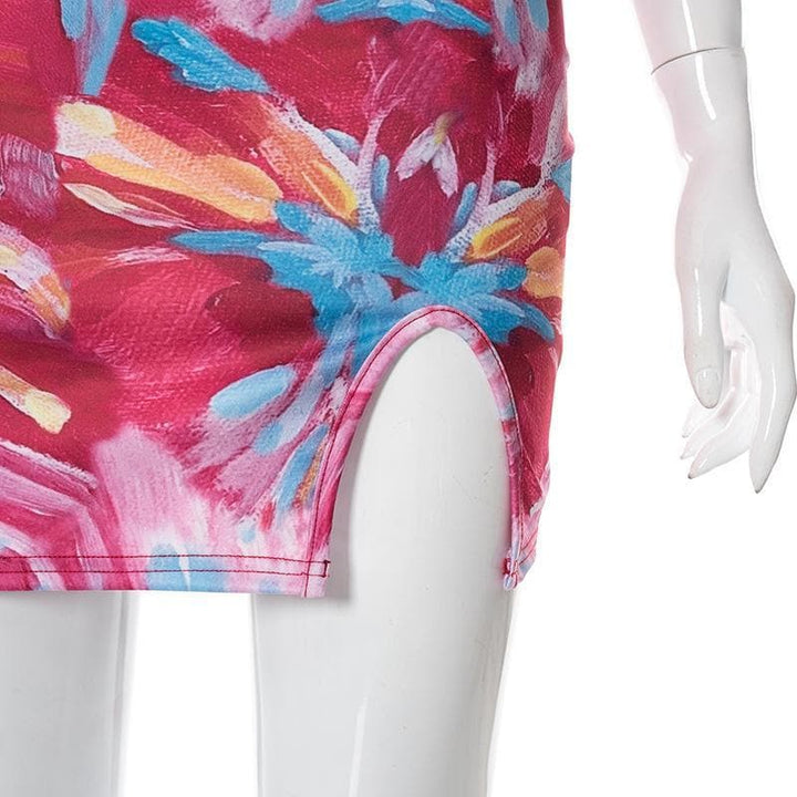 One shoulder sleeveless print slit dress - Halibuy