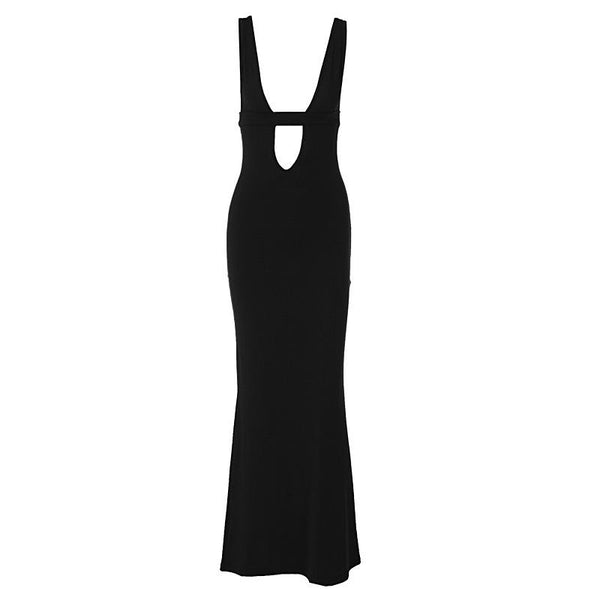 Sleeveless low cut hollow out solid backless maxi dress