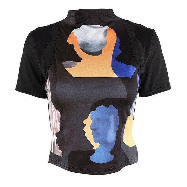 Abstract contrast hollow out short sleeve high neck crop top cyberpunk Sci-Fi Fashion