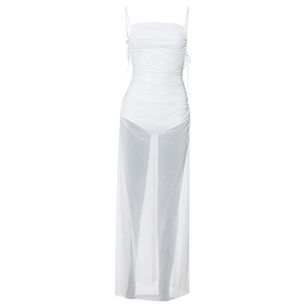 Ruched mesh high slit backless cami maxi dress