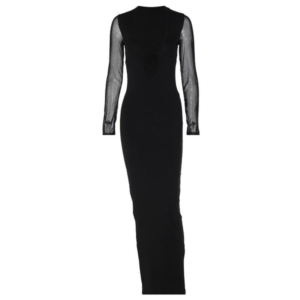 Mesh patchwork solid low cut long sleeve cross front maxi dress