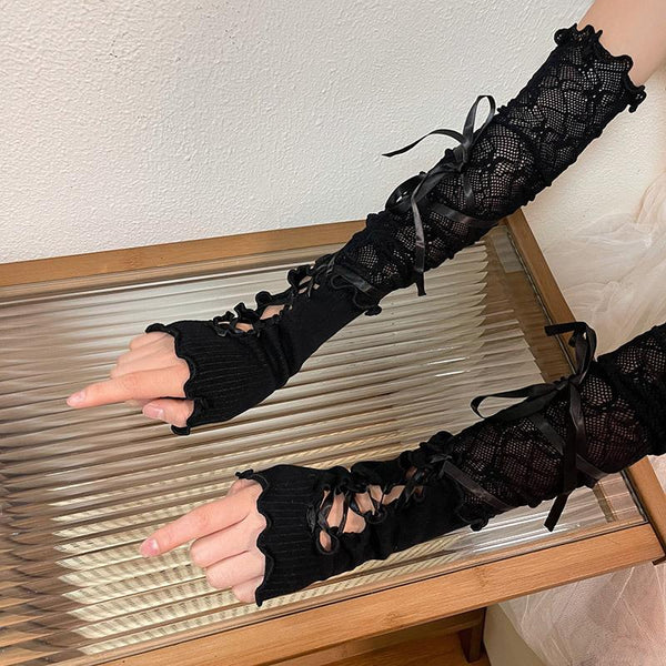 Ruffle self tie lace patchwork gloves