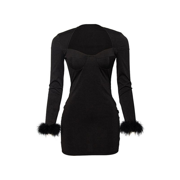 Feather patchwork solid long sleeve low cut mini dress