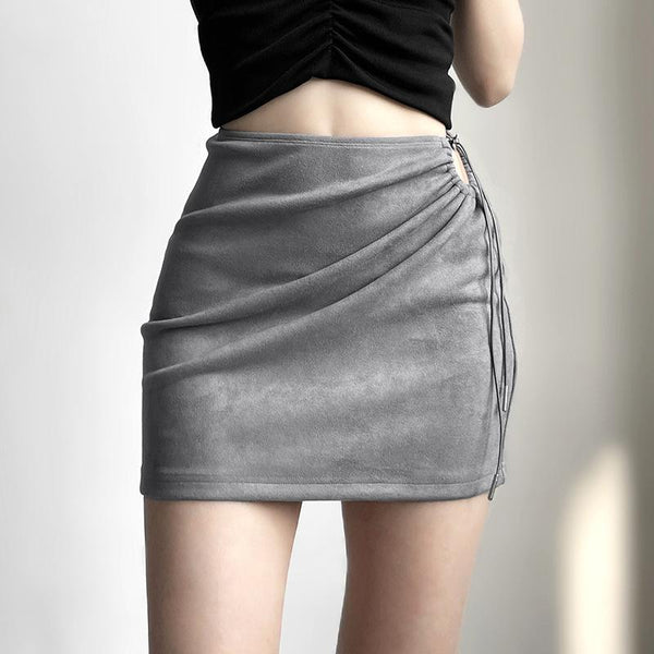 Drawstring irregular ruched solid mini skirt y2k 90s Revival Techno Fashion