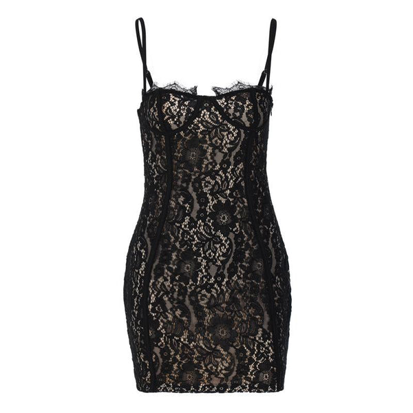 Lace contrast zip-up backless cami mini dress