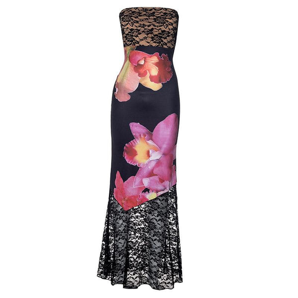 Lace flower print patchwork backless tube maxi dress