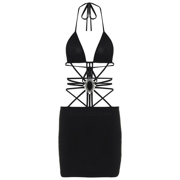 Halter self tie ruched backless stone applique solid mini dress