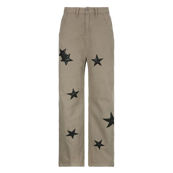Contrast star pattern zip-up button straight leg grunge 90s Streetwear Disheveled Chic Fashion grunge 90s Streetwear Distressed Fashion