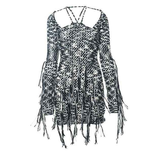 Long sleeve knitted tassels cross back contrast mini dress