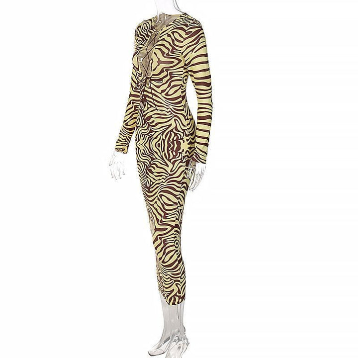 Long sleeve lace up zebra print midi dress - Halibuy