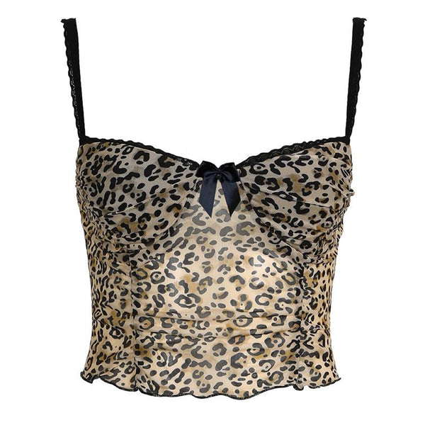 Bowknot leopard print mesh lace hem cami top