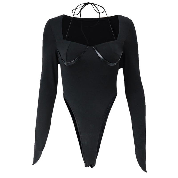 Halter PU long sleeve solid square neck bodysuit y2k 90s Revival Techno Fashion