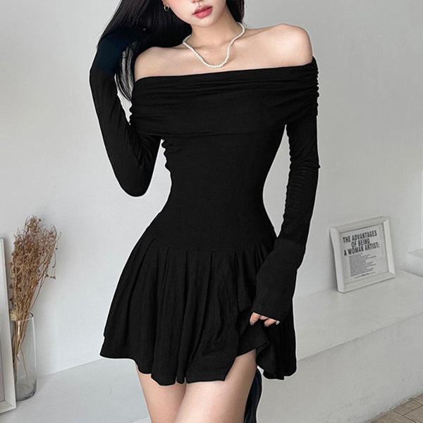Pleated off shoulder long sleeve solid ruched mini dress goth Emo Darkwave Fashion