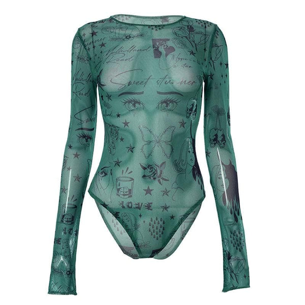 Sheer mesh see through abstract long sleeve bodysuit y2k 90s Revival Techno Fashion