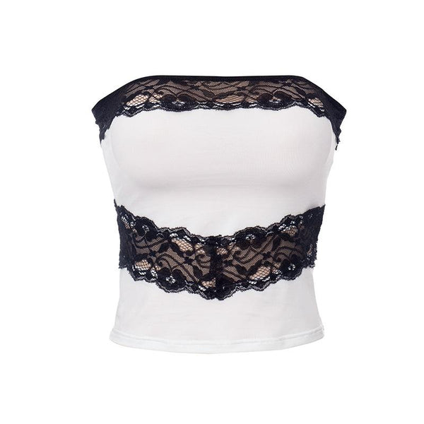 Backless lace hem patchwork contrast tube top