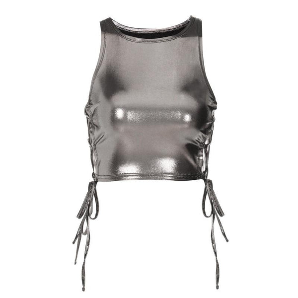 Metallic round neck sleeveless lace up crop top y2k 90s Revival Techno Fashion