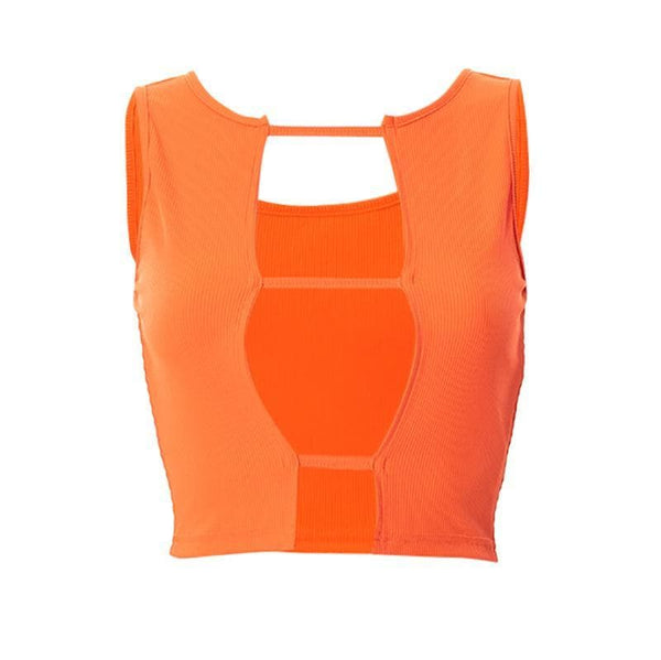Hollow out sleeveless ribbed solid crop top - Halibuy