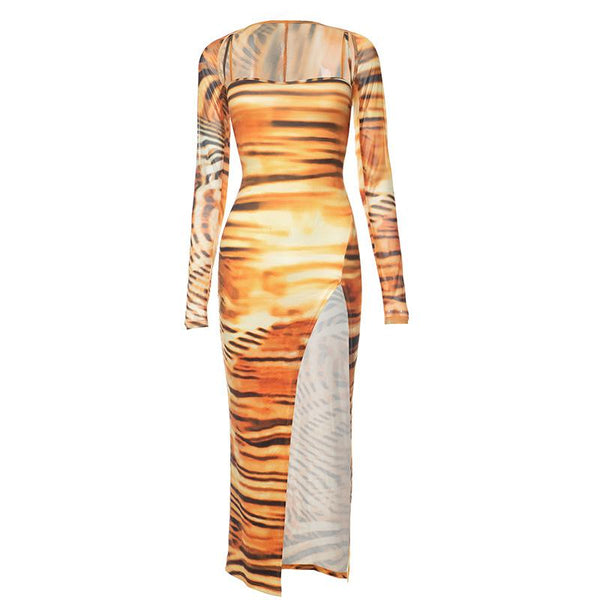 Tiger print long sleeve contrast slit shrug cami midi dress
