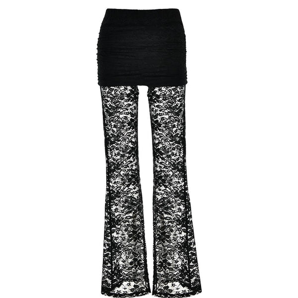 Lace patchwork ruched solid flared pant