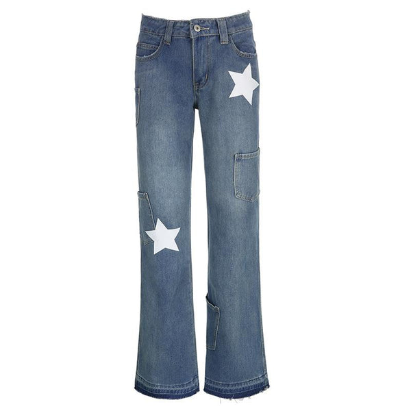Patrón de estrella en contraste, dobladillo crudo, bolsillo, jeans de pierna recta, ropa de calle grunge de los 90, moda chic desaliñada, ropa de calle grunge de los 90, moda desgastada 