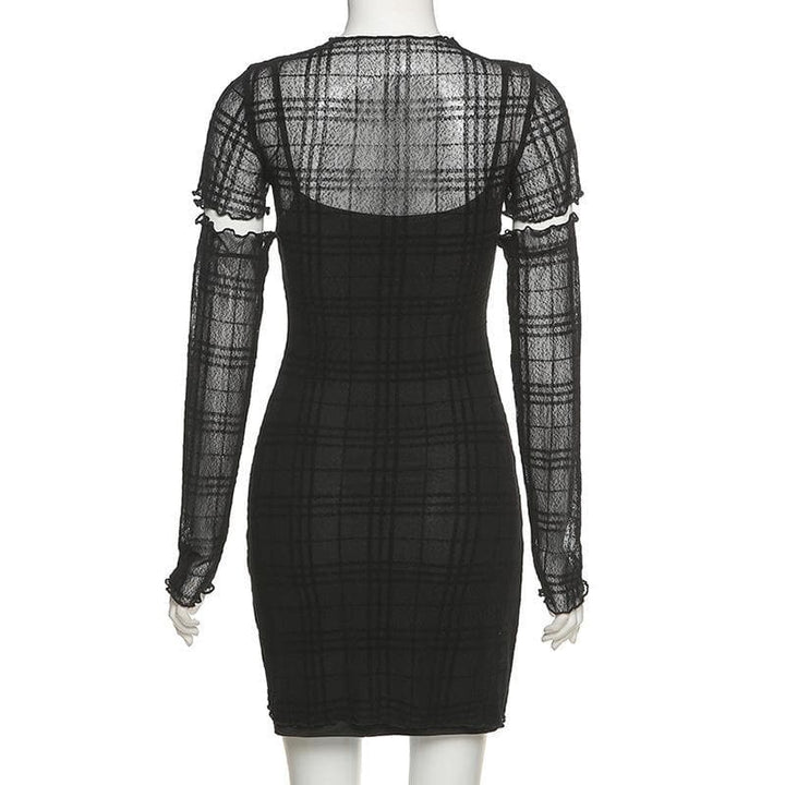 Ruffled mesh plaid long sleeve dress - Halibuy