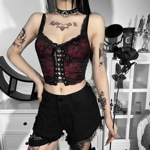 Lace v neck contrast lace up backless crop top goth Alternative Darkwave Fashion