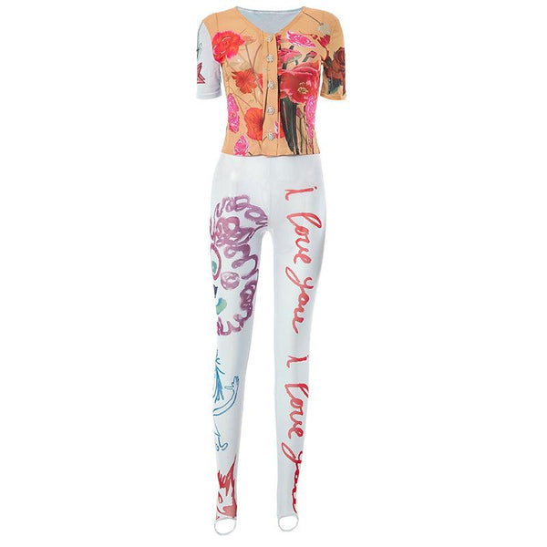 Conjunto de pantalón transparente de malla transparente de manga corta con botones y estampado de flores Fairycore Ethereal Fashion 