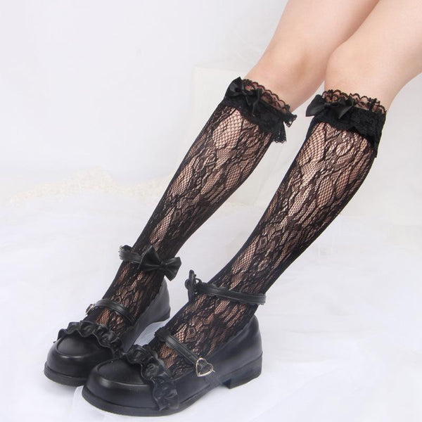 Sheer lace bowknot knee high socks