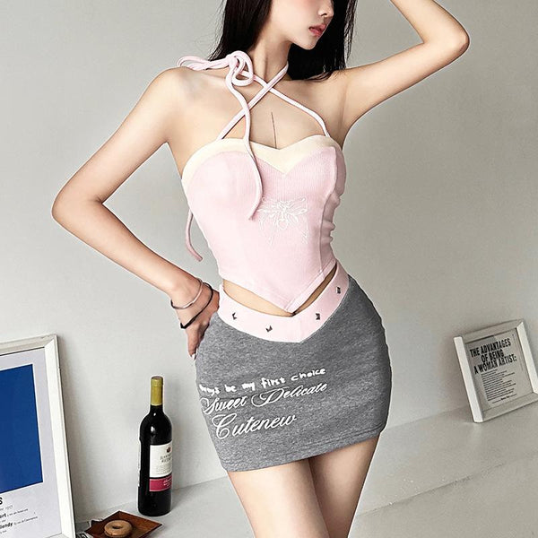 Sweetheart neck contrast halter backless mini skirt set