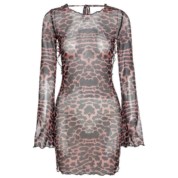 Sheer mesh leopard print contrast see through self tie backless mini dress