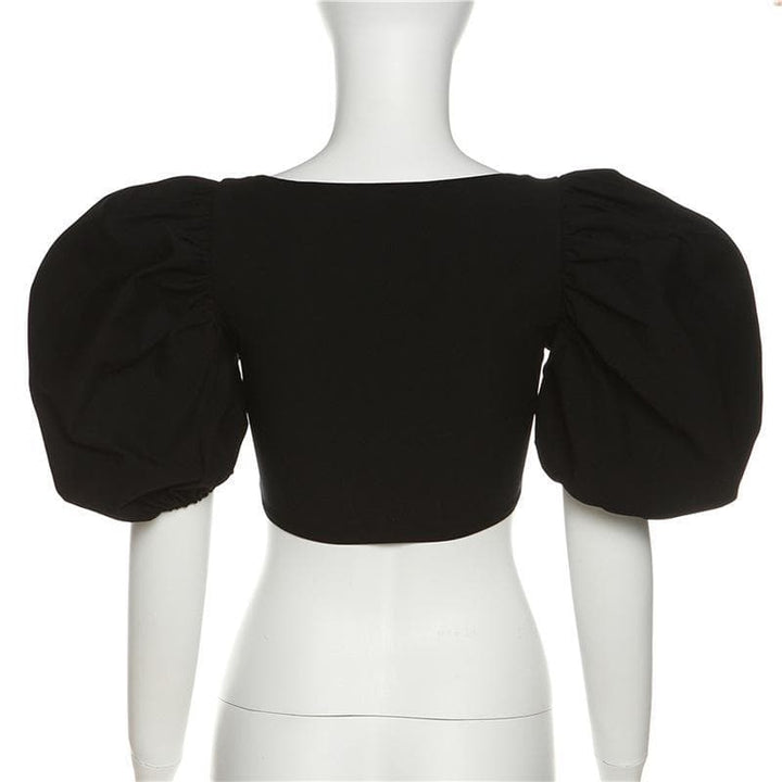 Short puff sleeve v neck solid crop top - Halibuy