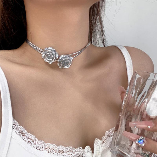 Rose applique layered choker necklace