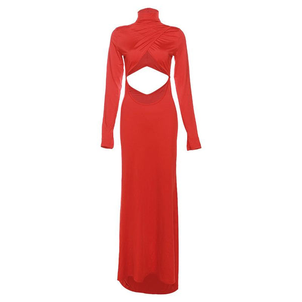 Hollow out solid long sleeve high neck zip-up maxi dress