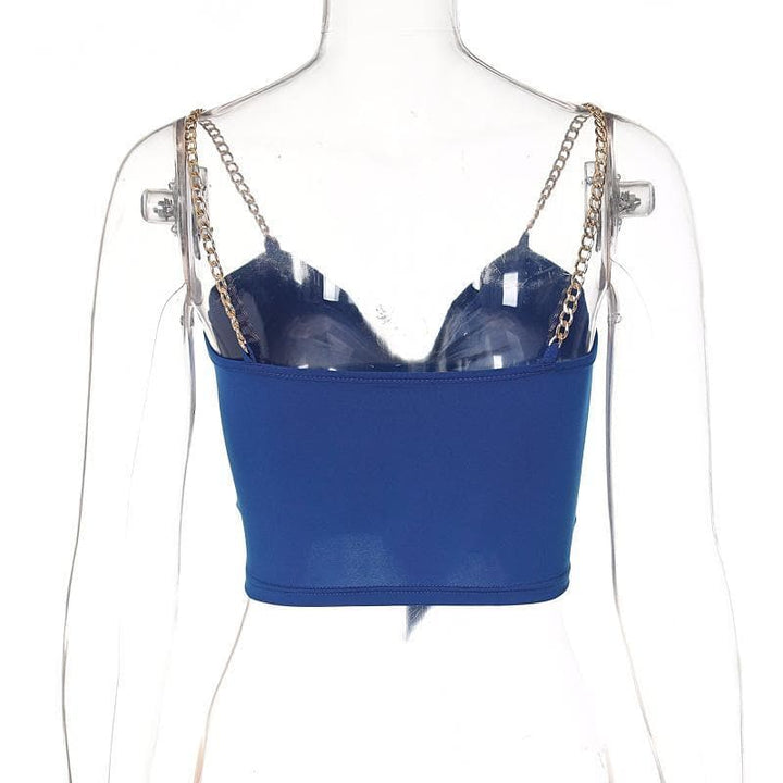 Metal chain knotted ruched solid crop top - Halibuy