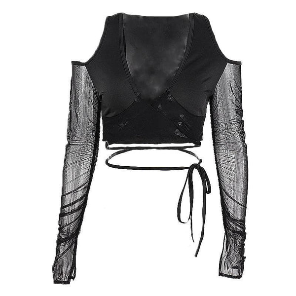 Cross front off shoulder long sleeve v neck mesh crop top y2k 90s Revival Techno Fashion