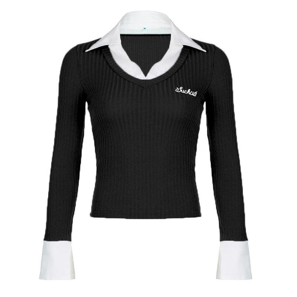 Embroidery contrast long sleeve ribbed turnover collar top
