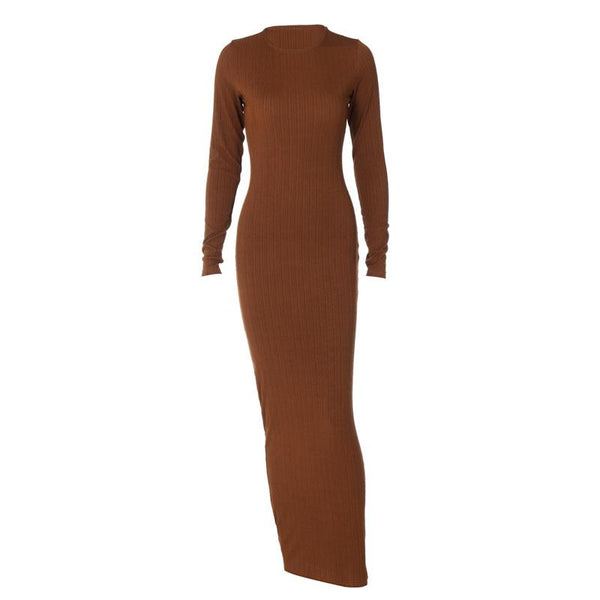 Long sleeve solid round neck maxi dress