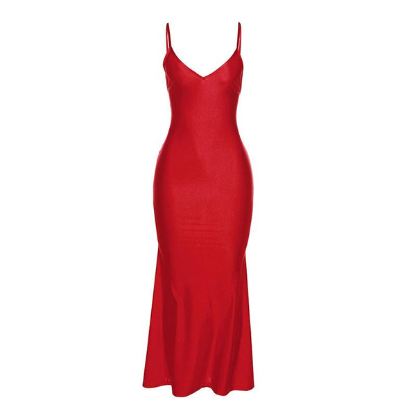 Low cut v neck ruched solid backless cami maxi dress