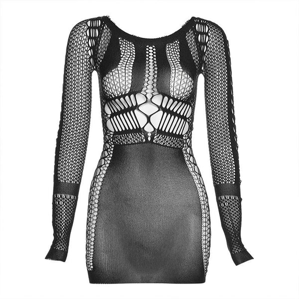 Fishnet long sleeve round neck hollow out see through solid mini dress y2k 90s Revival Techno Fashion