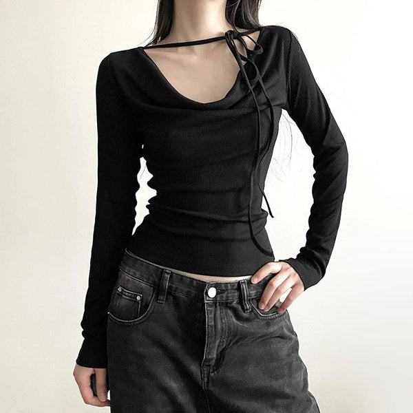 Ribbed cowl neck long sleeve solid self tie top