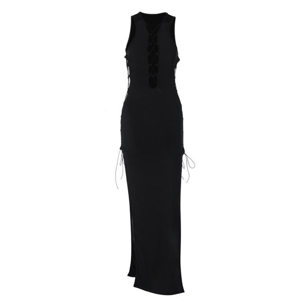 Hollow out sleeveless lace up slit solid maxi dress